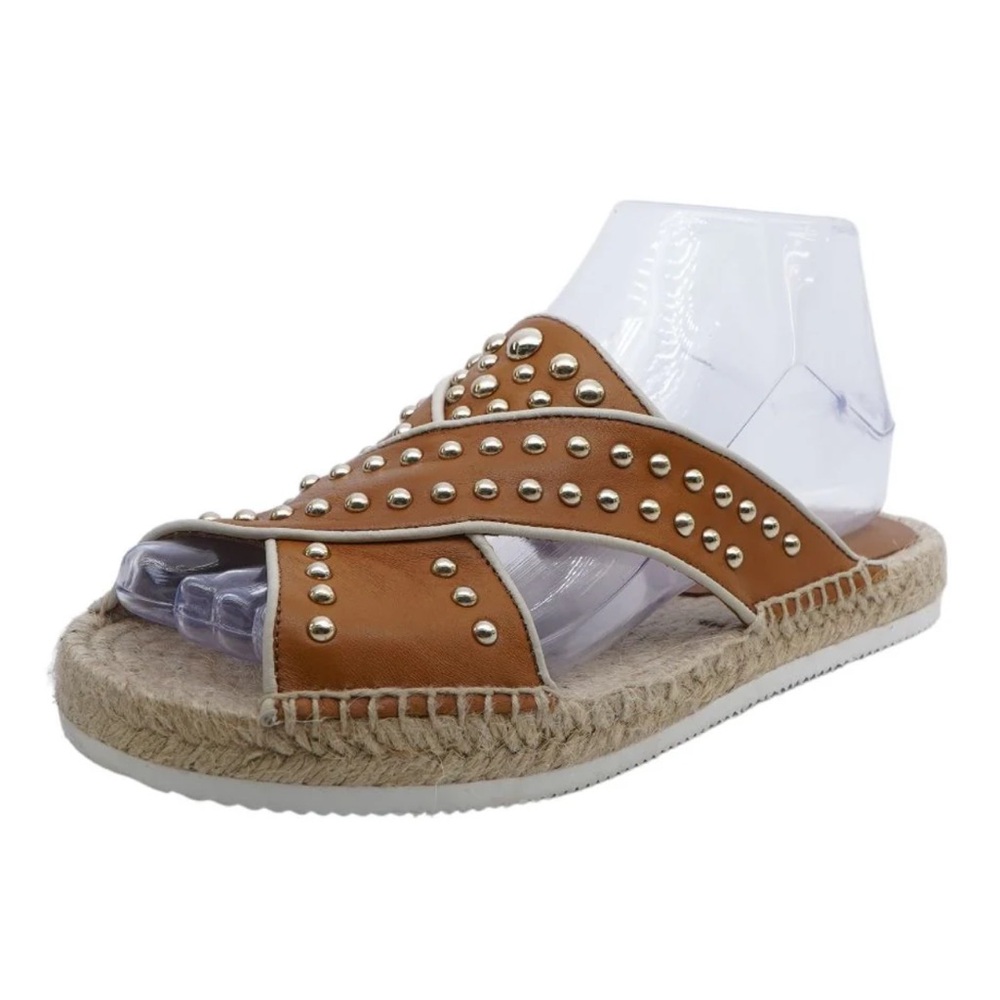 See By Chloé Pia Studded Crisscross Leather Espadrille Slides in Tan - Picture 9 of 10